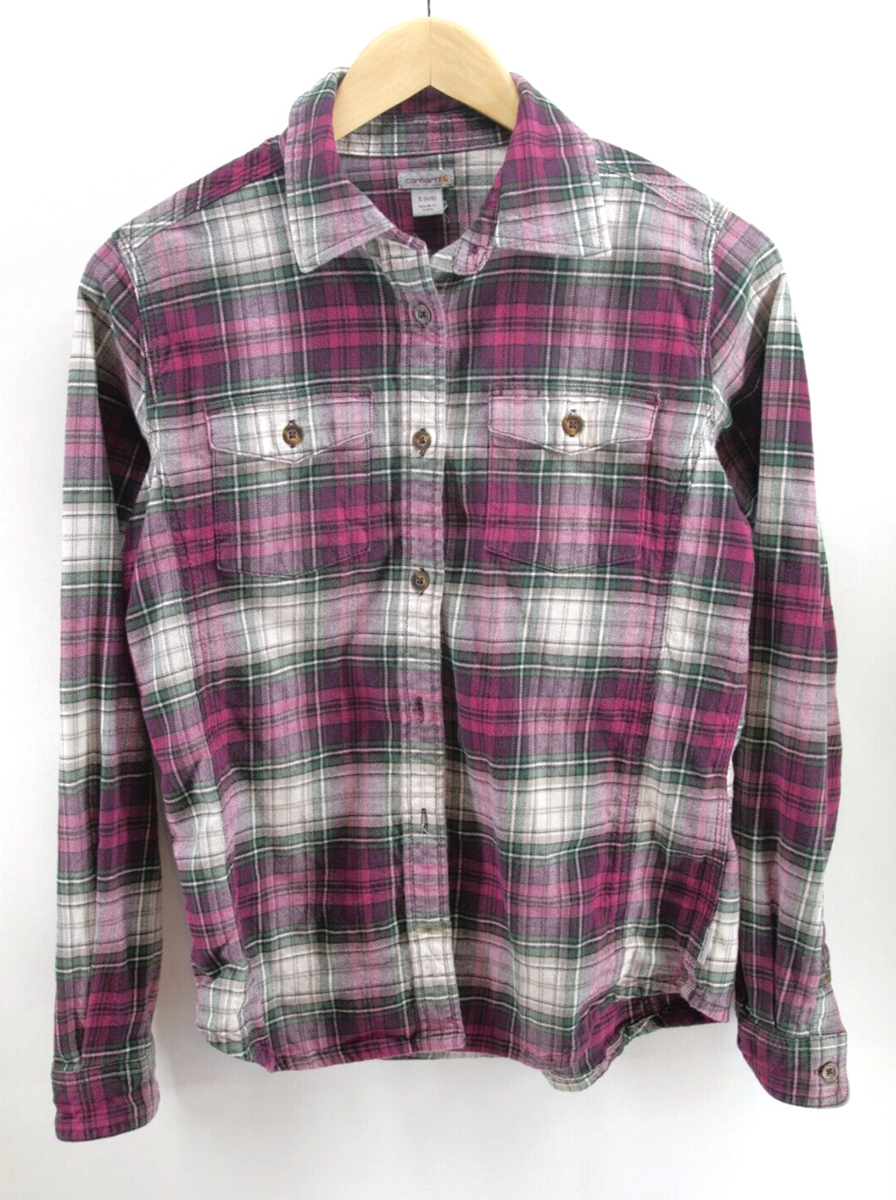 Carhartt Flannel Plaid Hoodie Womens S (4-6) Button Down Shirt Long Sleeve Red